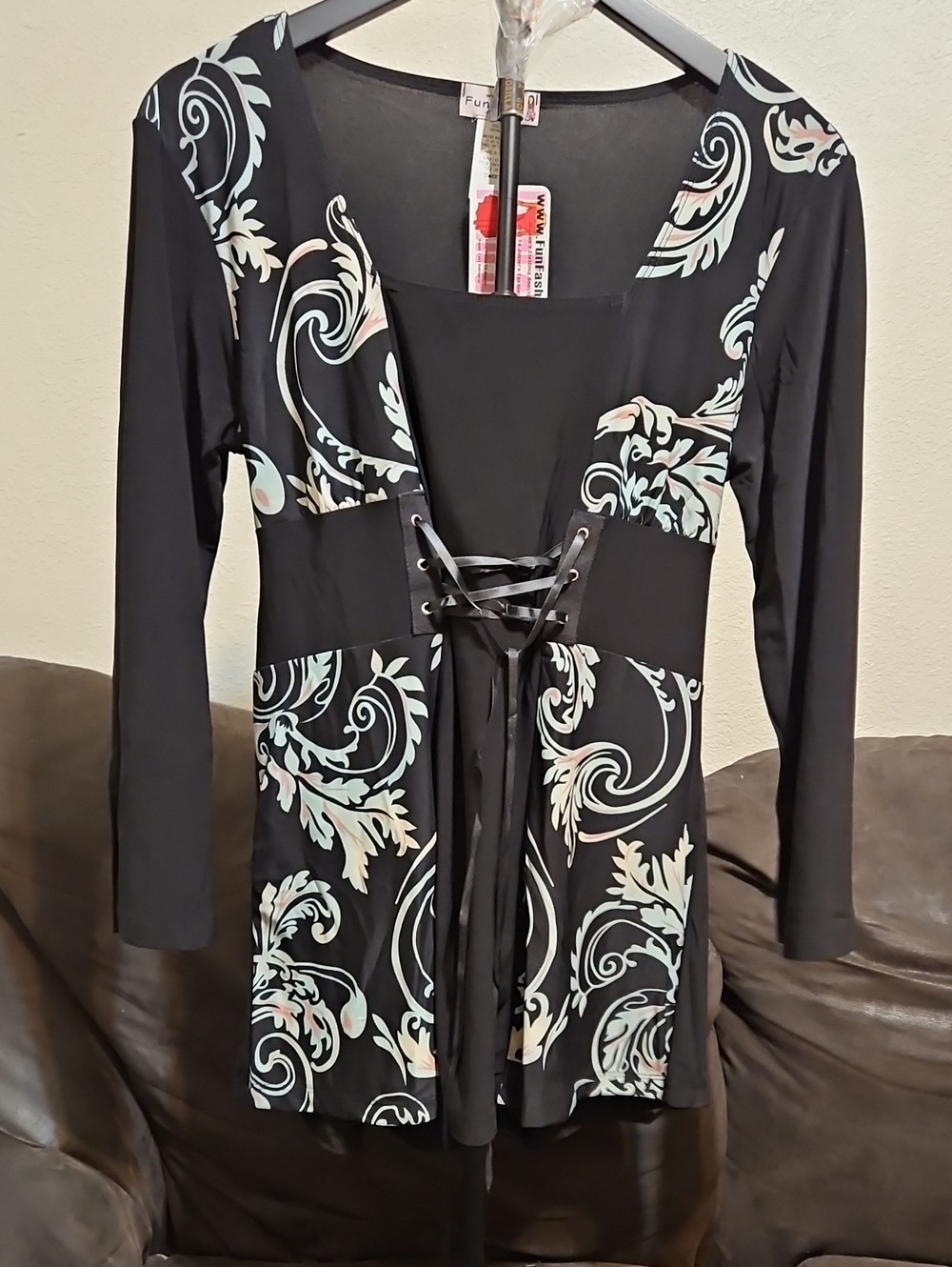FunFash Black Lace-Up Waist Blouse with Mint and Pale Pink Scrolls